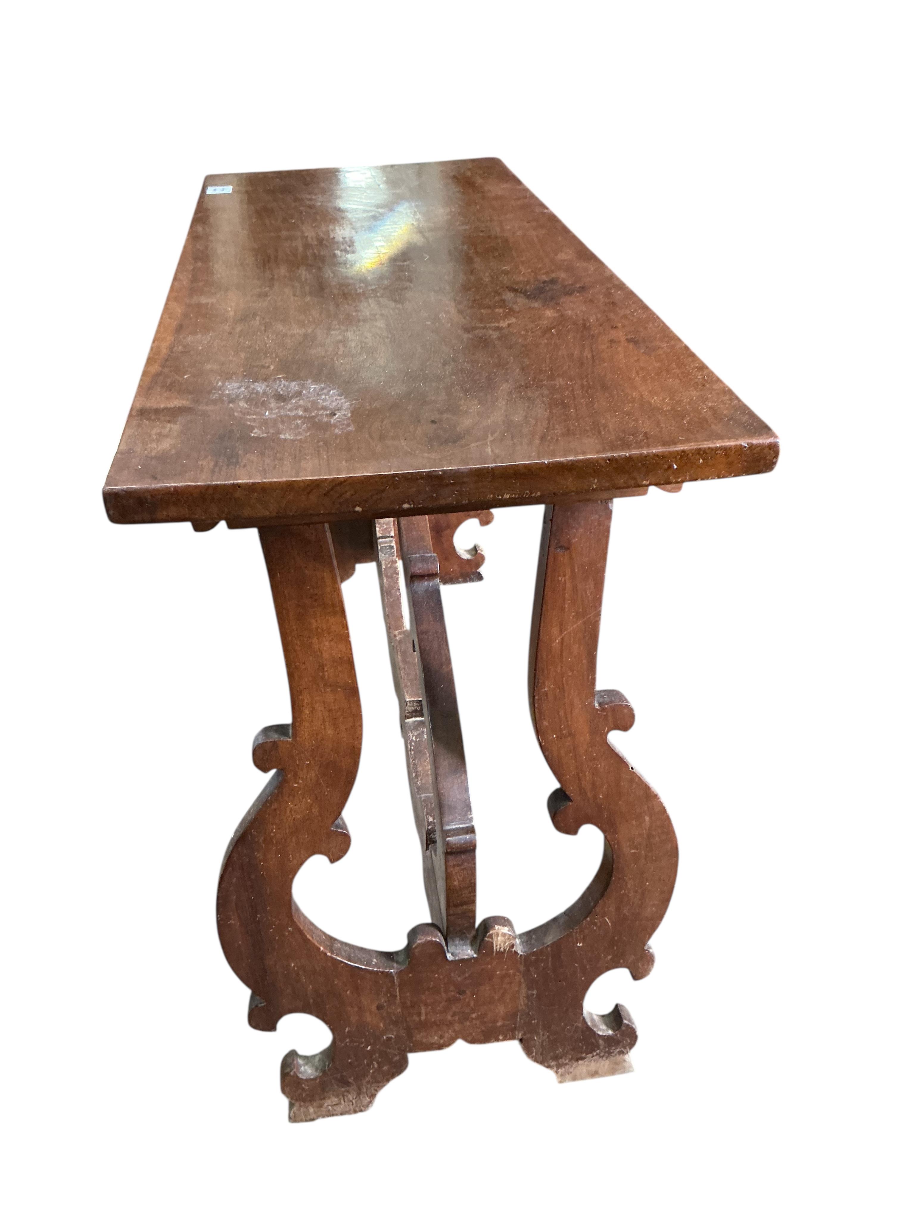 An 18th century style Spanish rectangular walnut occasional table, width 104cm, depth 43cm, height 70cm
